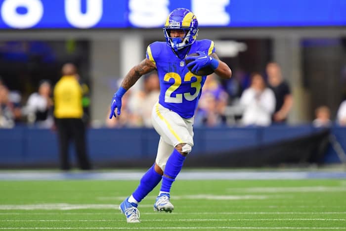 Dec 17, 2023; Los Angeles Rams running back Kyren Williams (23) runs the ball against Washington. Mandatory Credit: Gary A. Vasquez-USA TODAY